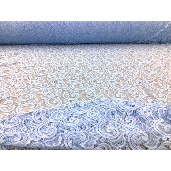 Embroidered Stretch Lace Apparel Fabric Sheer Scrolling Floral Lt Sky Blue ZZ412