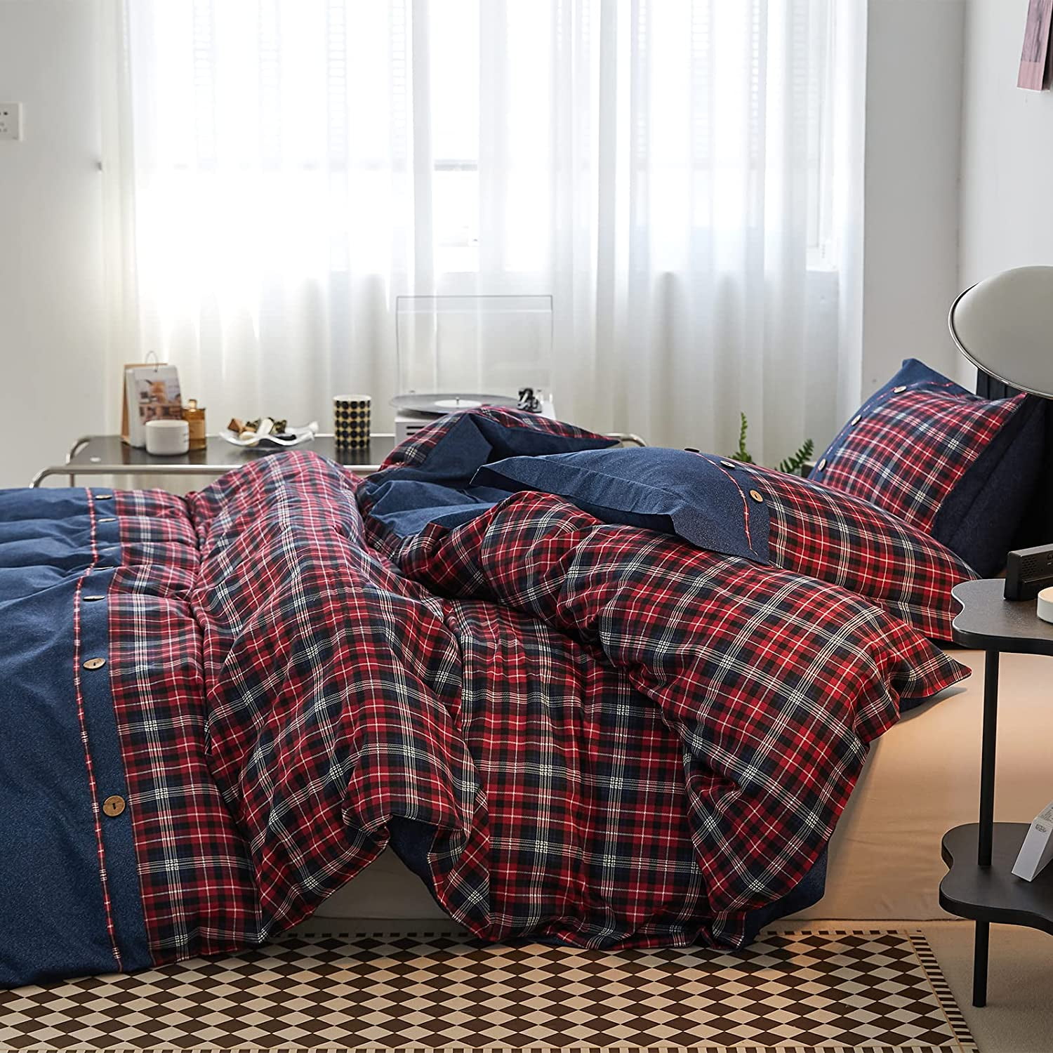 Simple&Opulence 100% Cotton Buffalo Check Plaid Printed Duvet Cover Set, 3 Piece Bedding Set Including 1 Comforter Cover and 2 Pillow Shams, Soft and Comfortable (Queen,Red)
