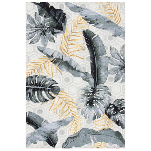 SAFAVIEH Barbados Tropical Leaves Outdoor Area Rug, 5'3" x 7'6", Grey/Gold