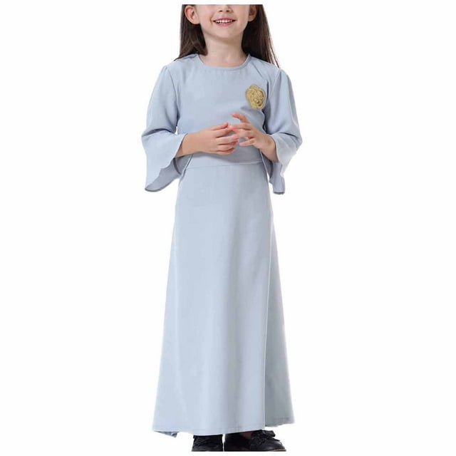 Birdeem Robe Longue Musulmane Moyenne Grande Fille Manches Longues Col en V Robe à Blocs de Couleur
