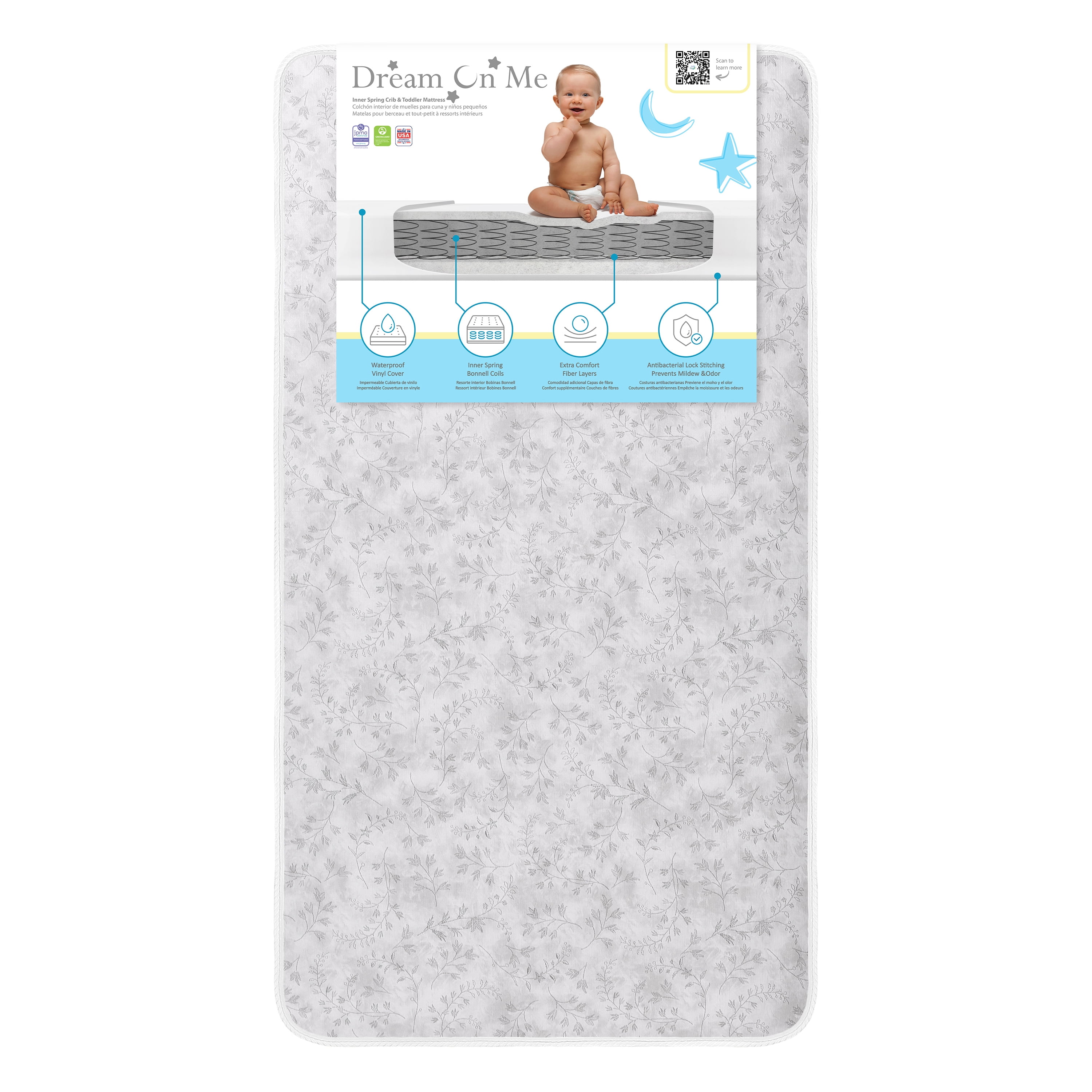Dream On Me Nirvana 6” 96-Coil Inner Spring Crib & Toddler Mattress | Waterproof Vinyl Cover | Greenguard Gold Certified |10-Year Manufacturer Warranty | Grey Leaf