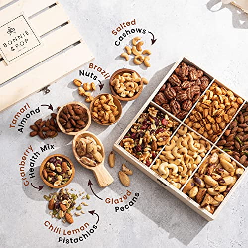 Happy Birthday Food Gift Basket, Healthy Nut Gift Baskets, Birthday Snack Treat in Reusable Wooden Crate, Birthday Snack Box, For Men, Women and Families, Bonnie & Pop