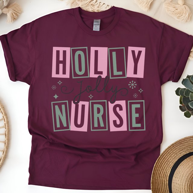 Holly Jolly Nurse Graphic T-Shirt with Fun Letter Design, Maroon, Size S