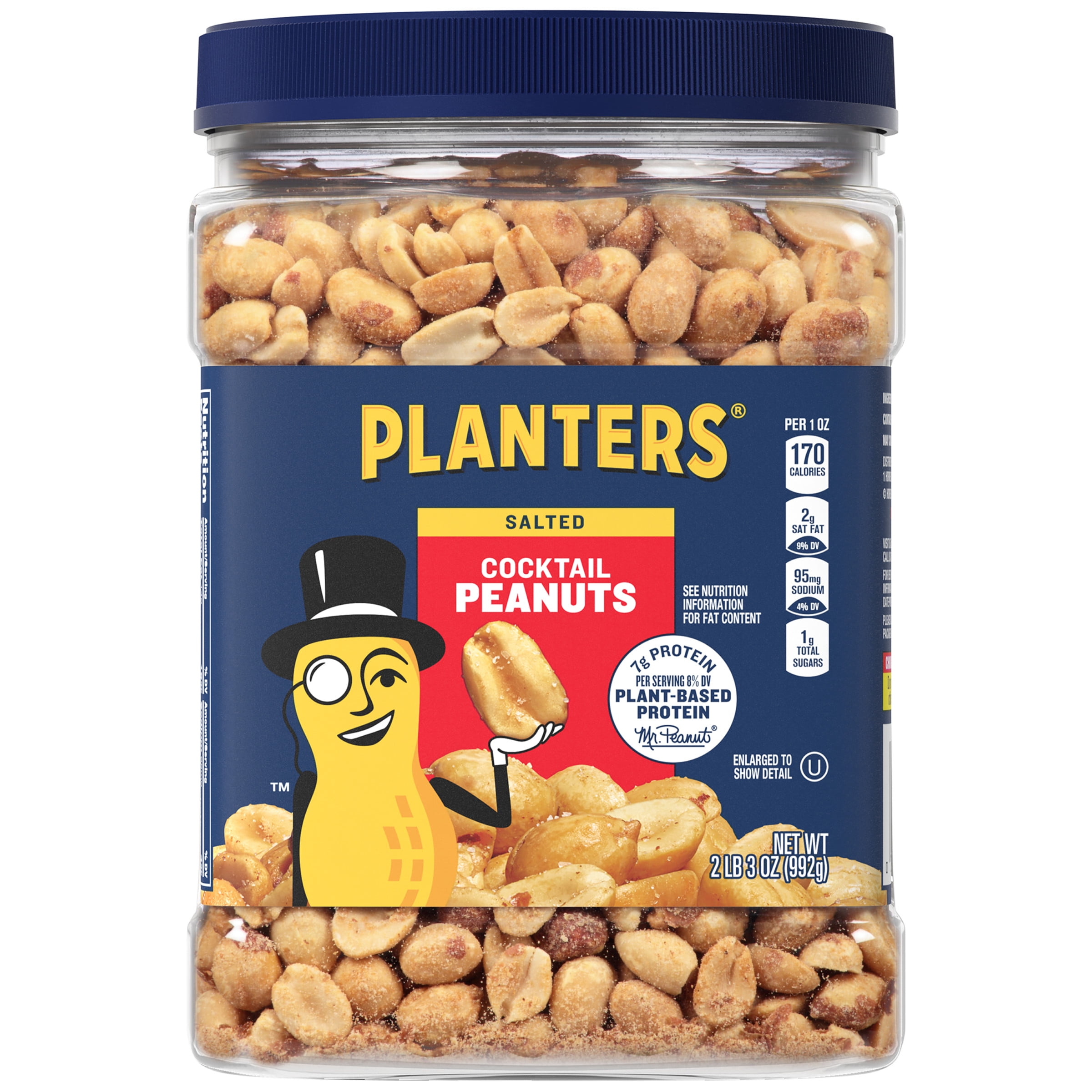 PLANTERS Salted Cocktail Peanuts, Party Snacks, Plant Based Protein, 2.19 lb Jar