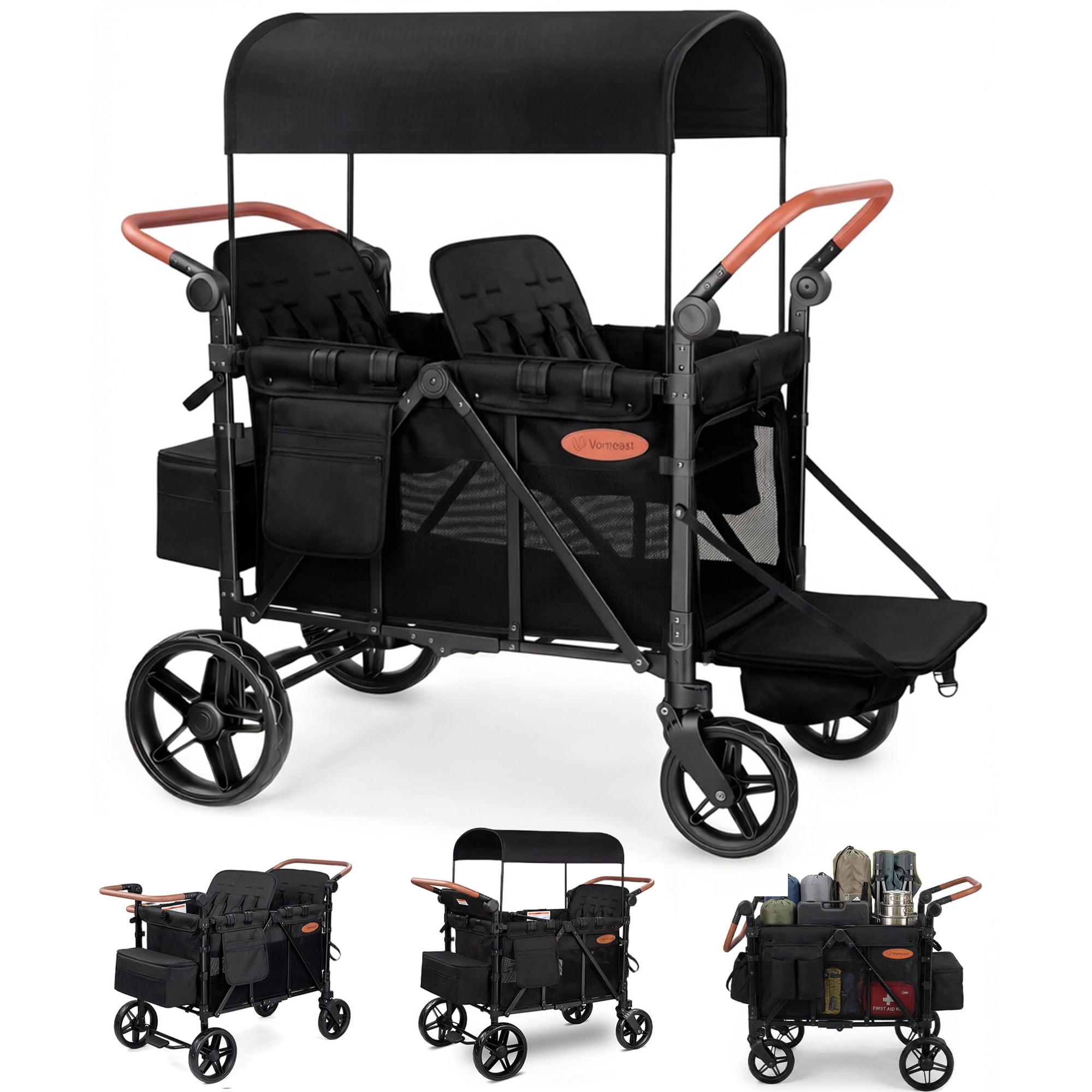 Vomeast Upgrade Wagon Stroller for 4 Kids, 4-Seater Outdoor Baby Stroller Wagon with Canopy, 5-Point Harness, Adjustable Handle(Black)