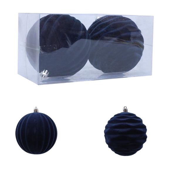 Blue Flocked Christmas Balls 10Cm Large Size For Tree Decorations Set Of 2 Flock Material