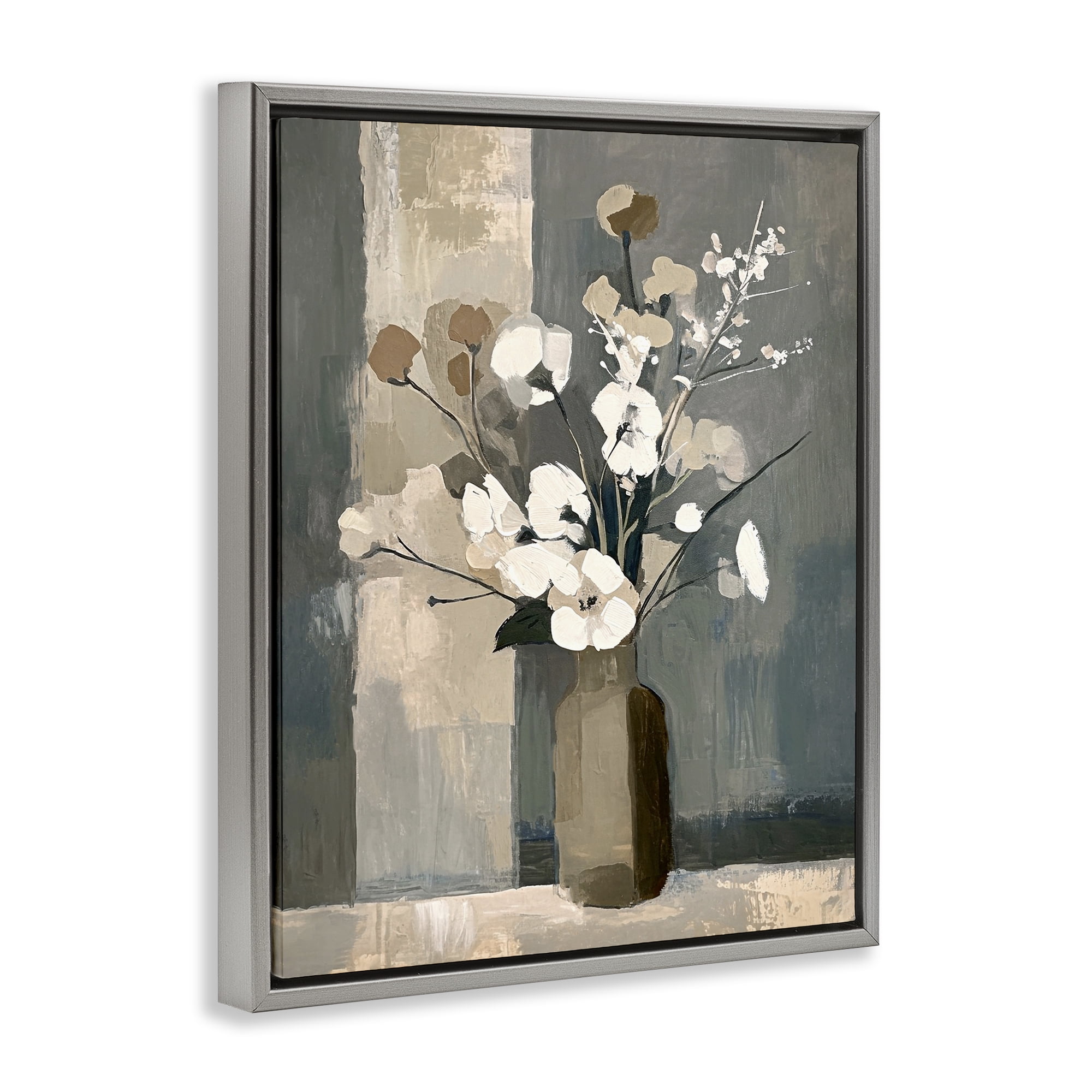 Stupell Industries Neutral Floral Vase Botanical & Floral Painting Gray Floater Framed Canvas Art Print Wall Art, 17 x 21