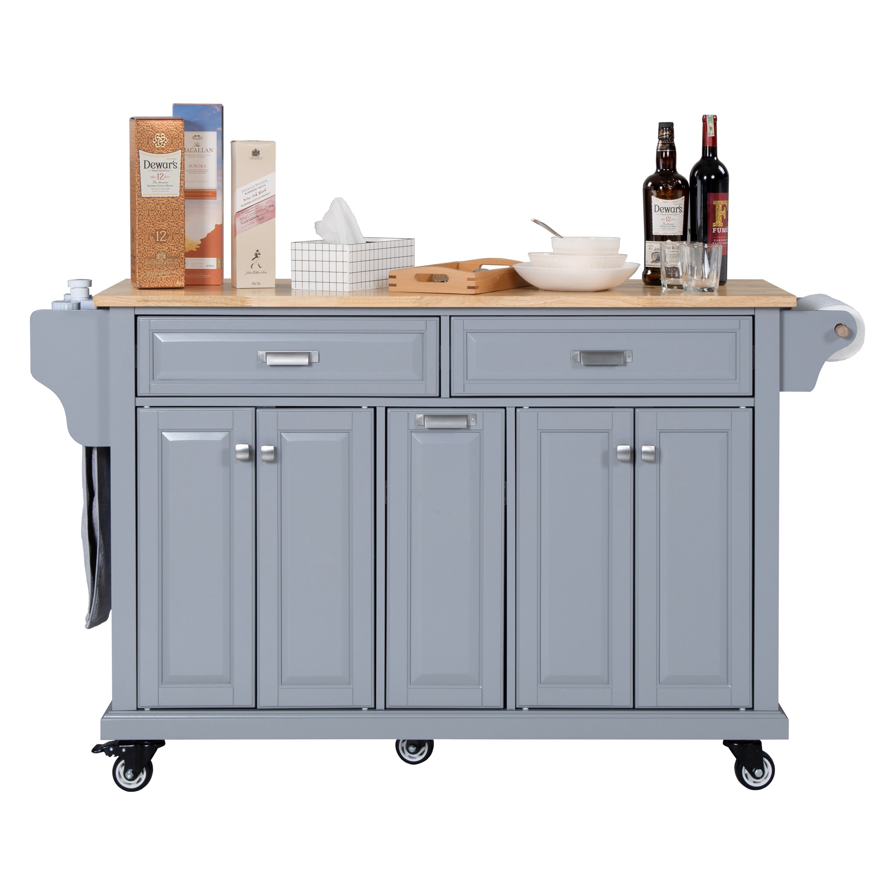 AR Airui Polin 60.5" Kitchen Island on Wheels, 4 Doors 3 Drawers, Rubberwood, Gray