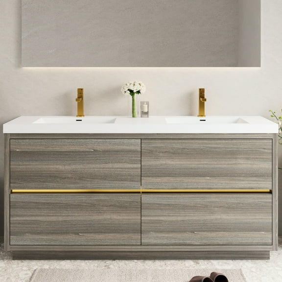 Freestanding Bathroom Vanity With Sink. 72" Length, Ash Grey Hue. Stone Resin Countertop. Spacious Storage. Wooden Cabinet. Soft Close. Pre-assembled Sink Vanity. Grey, Generous Storage Capacity.