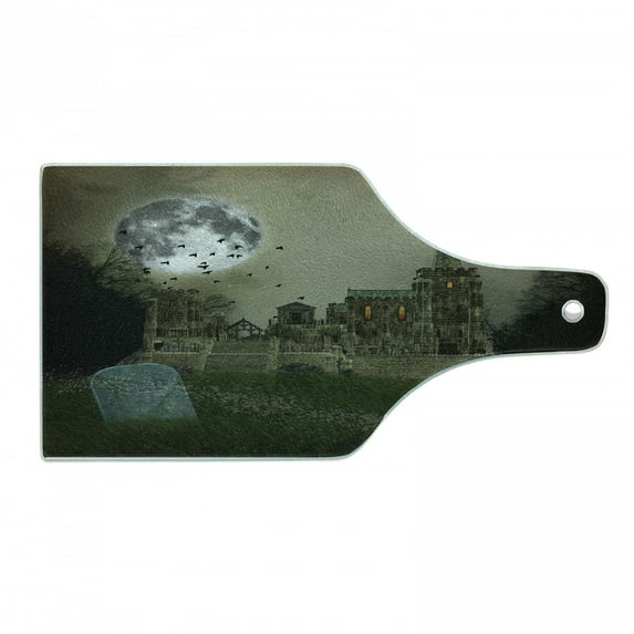 Gothic Cutting Board, Old Village and Graves with Medieval Castle and Full Moon Birds Fog Horror Art, Decorative Tempered Glass Cutting and Serving Board, Wine Bottle Shape, Beige Green, by Ambesonne