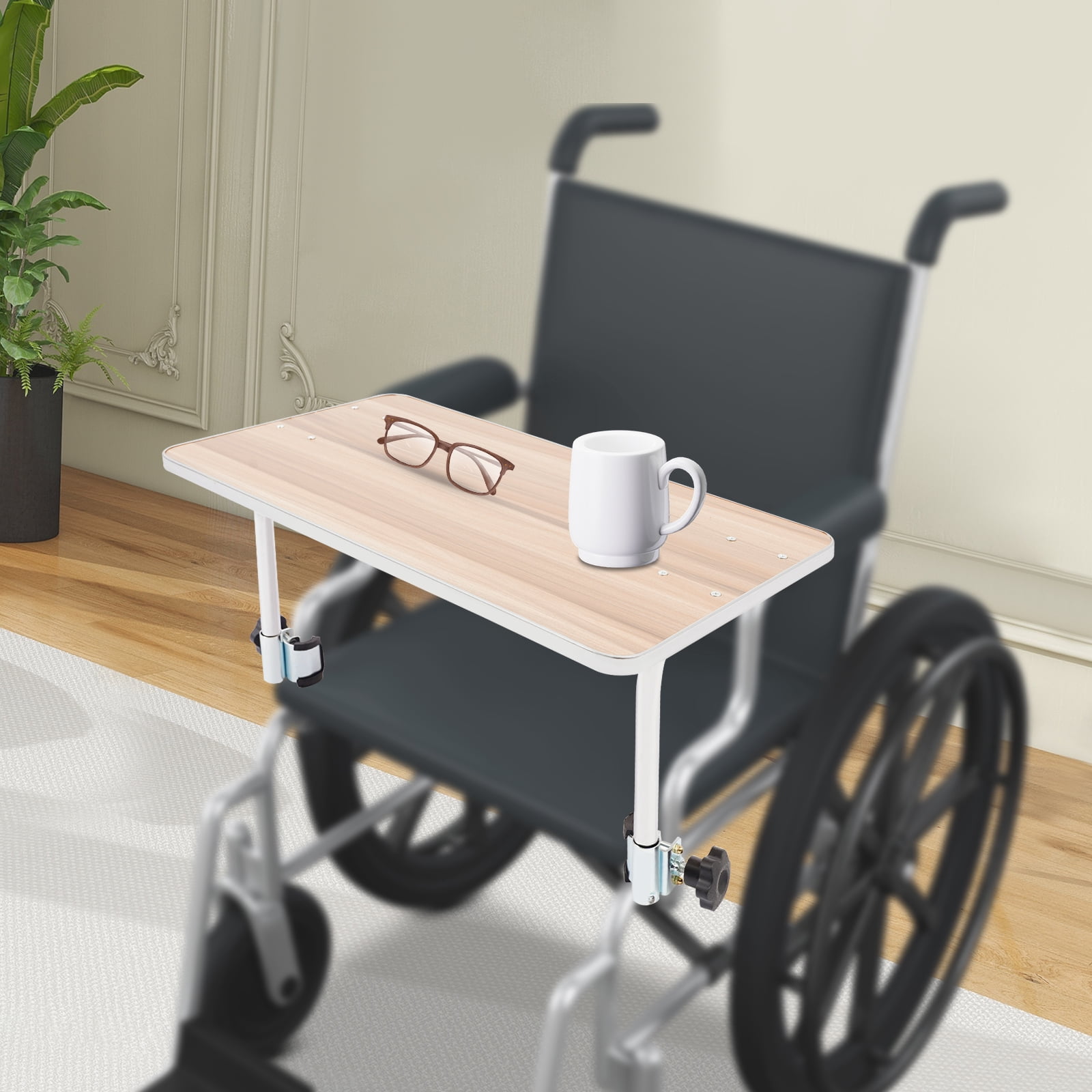 Wood Wheelchair Tray with Steel Support – 15mm Thick, 22.44x11.81in, Easy Install, Durable, for Daily Use, Reading, Eating, Work