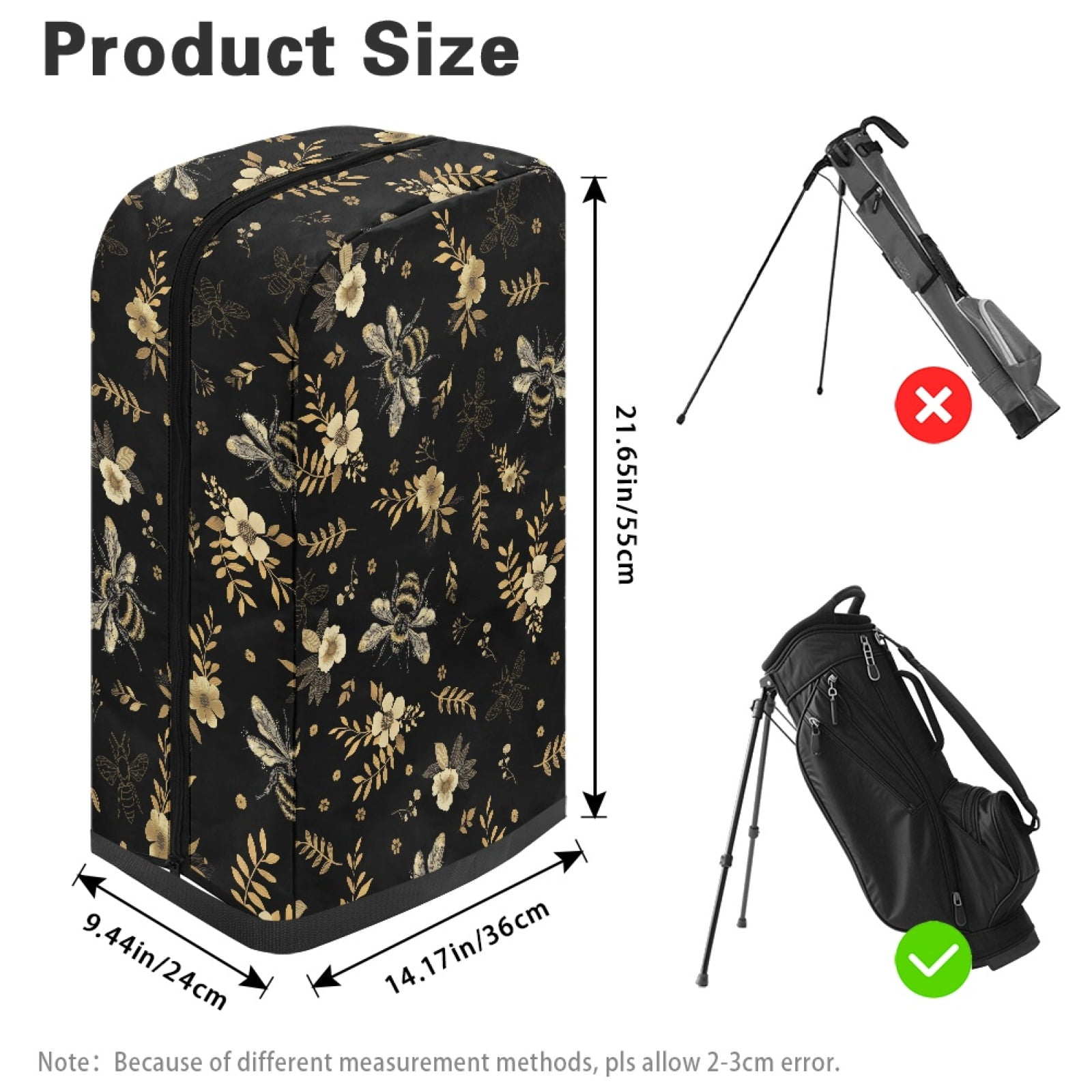Yuyamidu Cute Bee Golf Bag Cover Flowers Hood Golf Bag Umbrella for Clubs with Snap Button One Size Fit Most Stand Bags, Dust and Sun Protection
