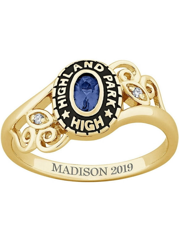 Order Now for Graduation, Freestyle Women's 18K over Sterling Classic Oval Stone & Diamond Swirl Class Ring, Personalized, High School or College