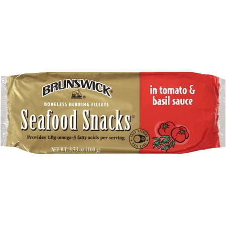 (4 Pack) Brunswick Seafood Snacks in Tomato and Basil Sauce, 3.53oz