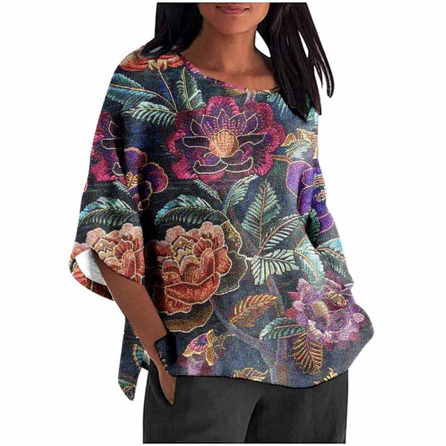 Hauts pour Femmes Mode Décontractée Court Manches 3/4 Imprimé Chemise Ample Blouse Haut Blouses pour Femmes