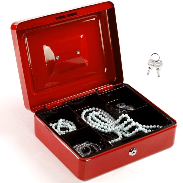 Caja de efectivo de seguridad KISHNELL ARCOSHOP Rojo con Cerradura 2 Llaves y bandeja 5 compartimientos