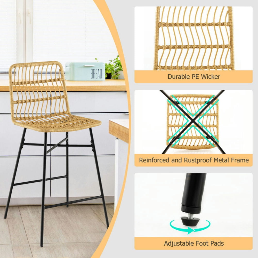 Demi Bonn Set of 2 Rattan Bar Stools with Sturdy Metal Frame, Modern Dining Chair with Backrests, Yellow