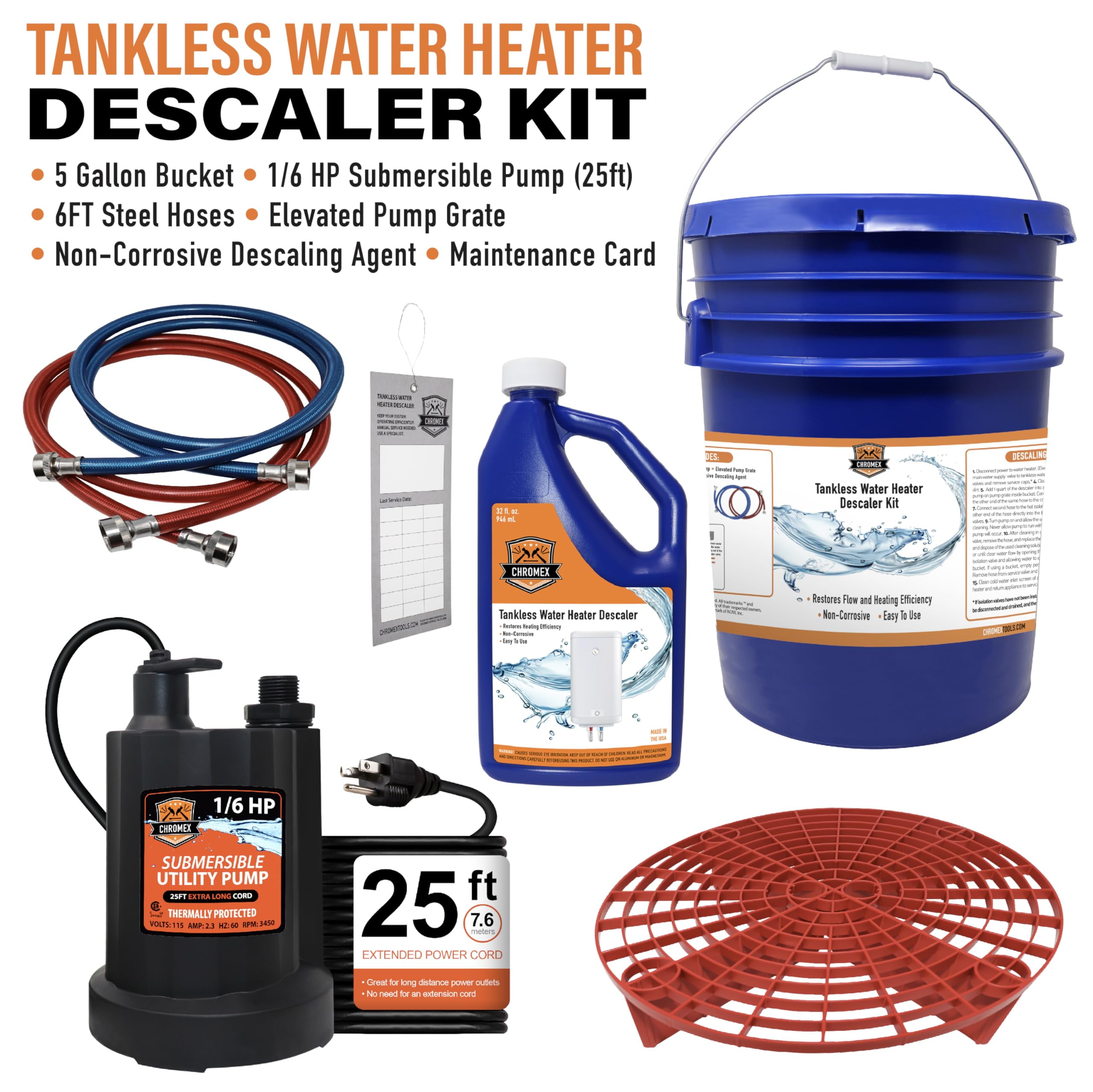 Tankless Water Heater Flush Kit with Descaling Solution, 1/6 HP Pump, 25 ft Power Cord