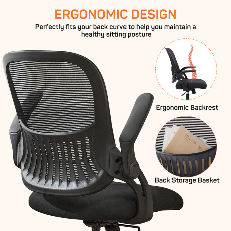 Office Desk Chair, Ergonomic Mid-Back Mesh Chair with Wheels, Comfy Lumbar Support with Flip-up Arms for Home office, Gaming, Study, Black