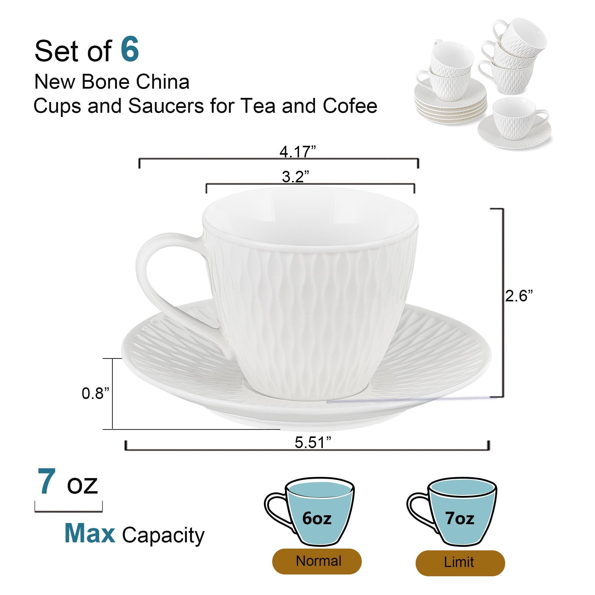 Espresso Cup and Saucer Set of 6, 6 oz Ceramic Cappuccino Barista Cup with Saucer, Stackable Coffee Mugs for Demitasse, Au Lait, Latte, Cafe Mocha, Tea, Birthday Day Thanksgiving Christmas Gift, Whit