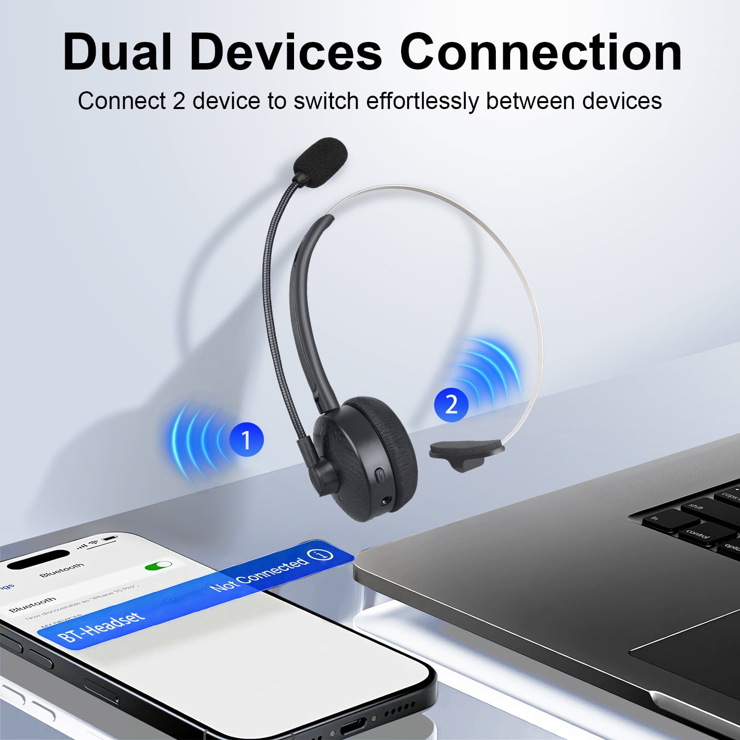 ABCPOW Trucker V5.3 Bluetooth Headset with Microphone,Noise Cancelling Headphones w/ Charging Base,Wireless On-Ear Earphones 30Hrs Playtime Wireless Headset for Office PC/Work/Cell Phone/Call Center