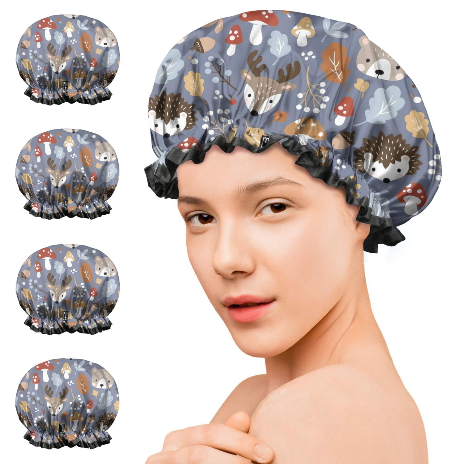 Shower Caps,Cute Hedgehogs and Forest Animals Pattern Waterproof Shower Cap for Women 4 Pieces,Double Reusable Hair Cover for Shower PEVA Elastic Stretch Hem