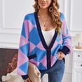 thumbnail image 2 of Lovskoo 2024 Cardigan Sweaters for Women Long Sleeve V-Neck Geometric Stitching Contrast Knit Cardigan Casual Loose Coat Sweater Top Blue, 2 of 5