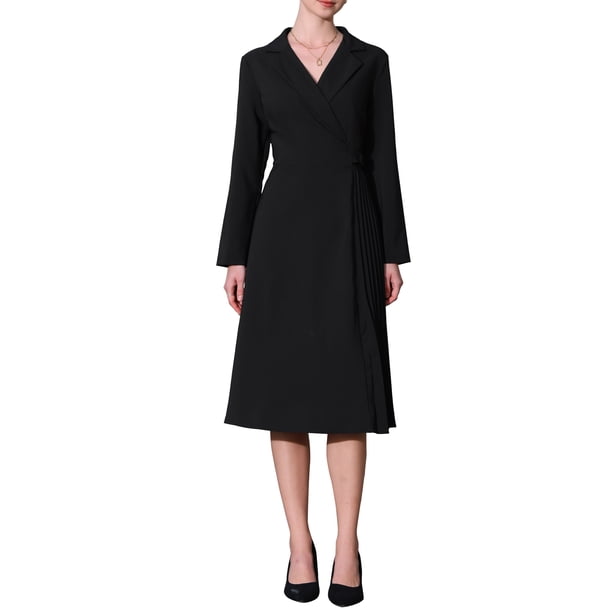 Vestido midi plisado de mujer con solapa de pico, manga larga, corte A, XL, negro