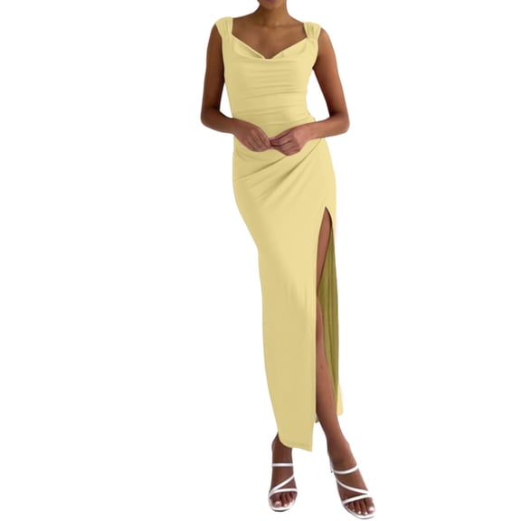Women'S Slip Long Dress Cowl Neck Backless Ruched Bodycon Side Split Cocktail Party Night Out Dress Yellow M