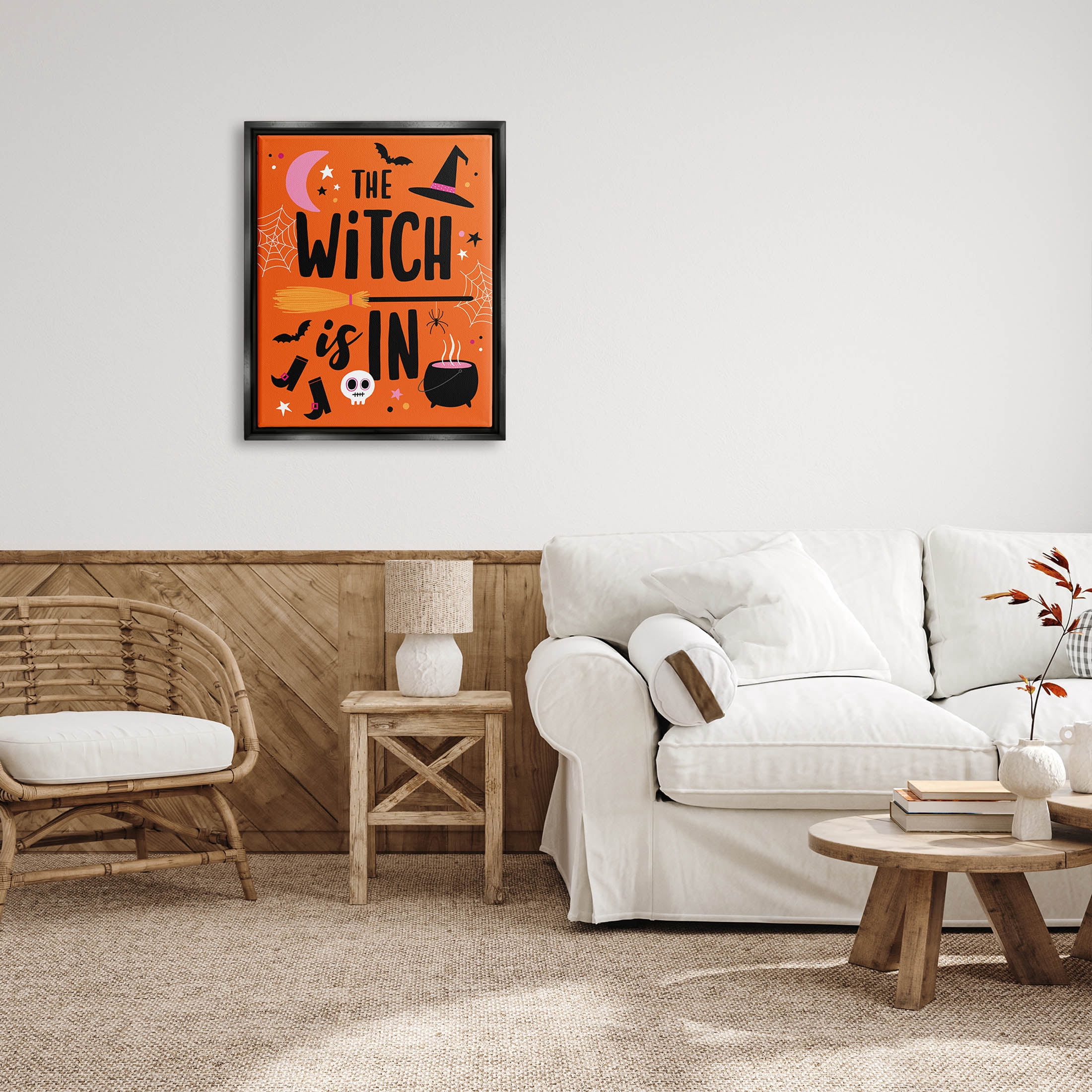 Witch Is In Bold Cauldron Phrase Holiday Graphic Art Jet Black Framed Art Print Wall Art