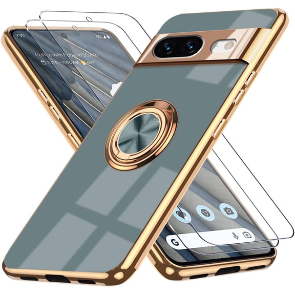 for Google Pixel 8 5G Case, with 2 Screen Protector, Built-in 360° Ring Holder Metal Stand, Luxury Electroplated Plating Edge Shockproof Protective Phone Cover, Gray