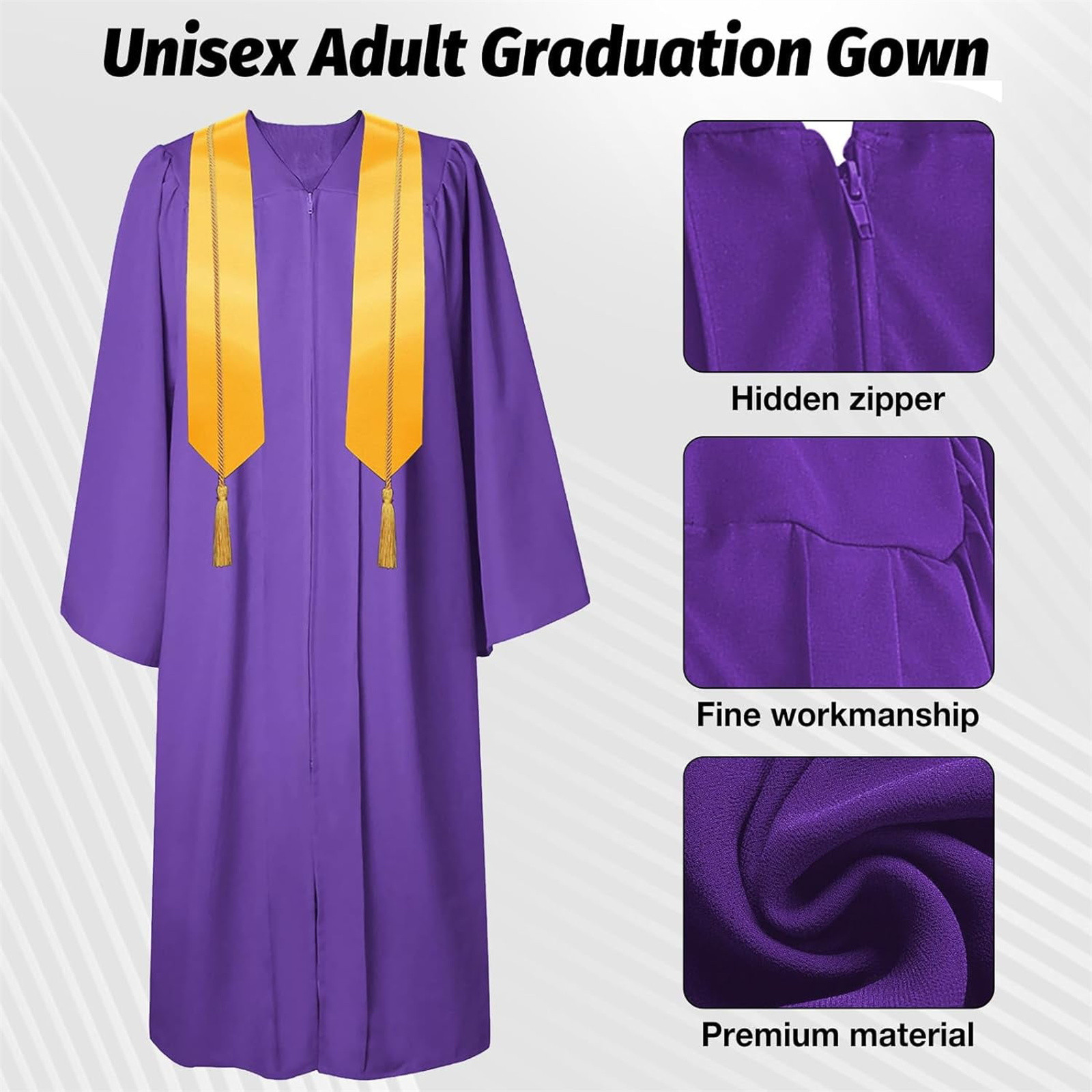 2025 Graduation Cap And Gown Set, American Woven 5-Piece Set With Tassel, Honor Cord, Graduation Stoles, Purple, 54 - Includes 1 Gown, 1 Hat, 1 Tassel, 1 Pendant, Suitable For