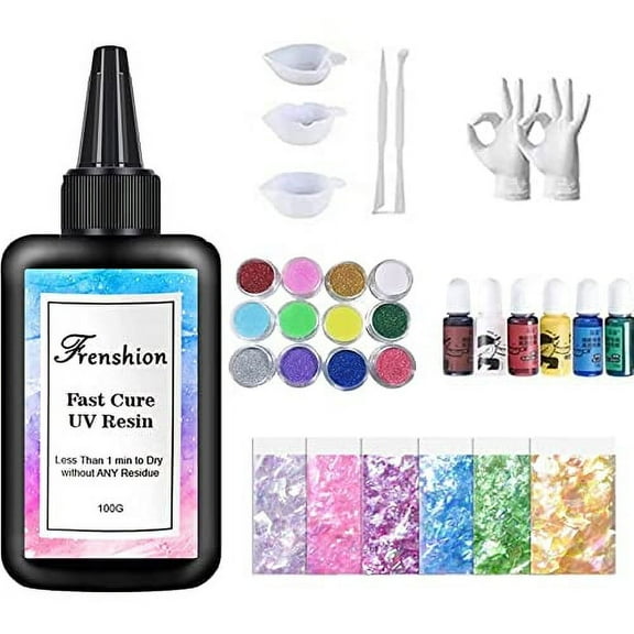 Frenshion 31Pcs Resin Jewelry Making Kit with 100g Fast Cure Clear Hard Low Odor UV Resin, Color Pigment, Resin Accessories, UV Resin Starter Kit for Jewelry Earrings Necklace Bracelet