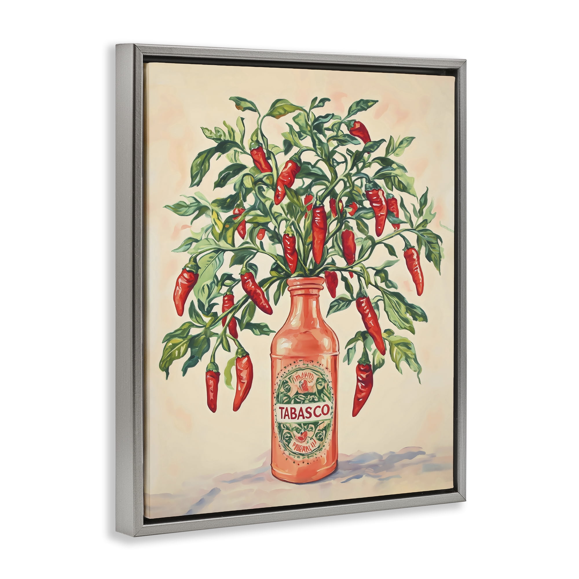 Stupell Industries Chili Peppers in Hot Sauce Vase Gray Framed Floater Canvas Wall Art, design by The Prints Vibe