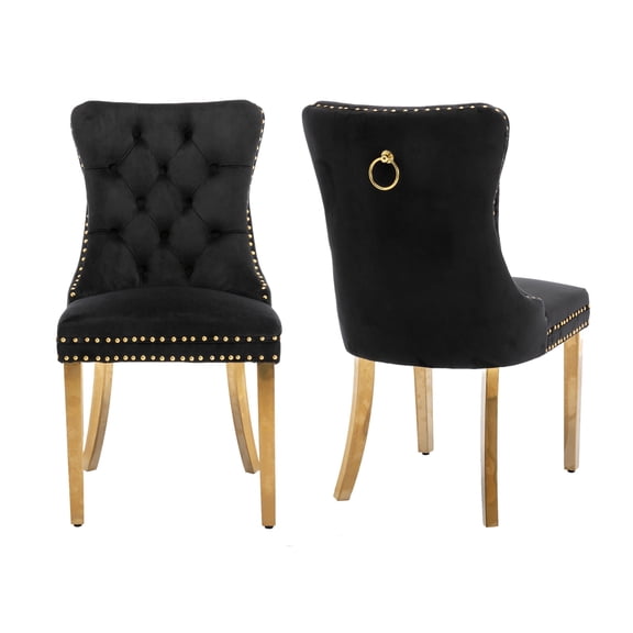 MIKIBAMA High-End Tufted Velvet Dining Chair Set of 2, Solid Wood Contemporary, Golden Stainless Steel Plated Legs and Nailhead Trim, Black and Gold