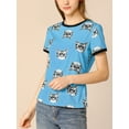 thumbnail image 2 of INSPIRE CHIC Women's Short Sleeve Contrast Cartoon Cat Pet Print Tee Ringer T-shirt Tops, 2 of 6