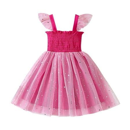 

OJinShaWanO Little Girl Dresses Wedding Toddler Girls Fly Sleeve Solid Princess Dress Dance Party Dresses Clothes Hot Pink Cotton Blend 12-18 Months