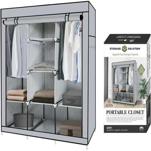J&V TEXTILES Portable Closet Wardrobe Closet for Hanging Clothes with 8 Storage Shelves, 2 Hanging Rod and 4 Pockets, Free Standing Closet Clothes Organizer for Bedroom Gray