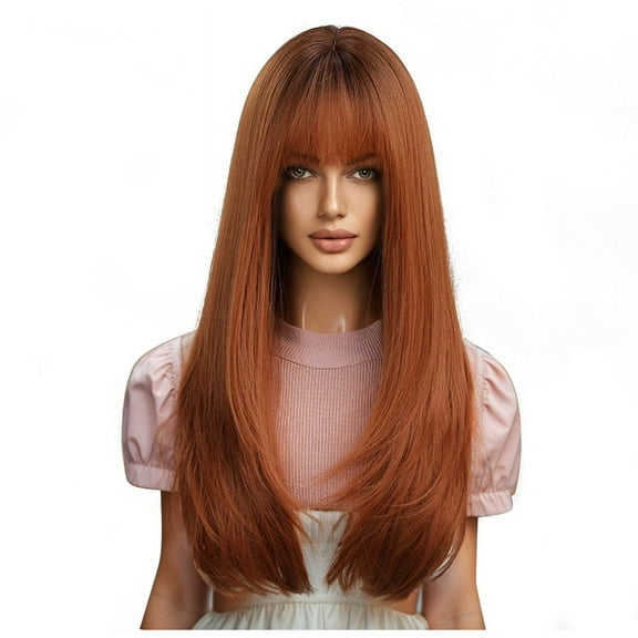 Long Wig with Bangs for Women Straight Orange Wig Layered Synthetic Heat- Chemical Fiber Wigs for Daily