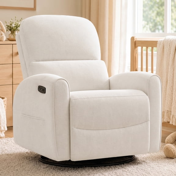 BaseBeauty Power Swivel Rocker Recliner, Rocker Recliner with Lumbar Support, Nursery Recliner Glider Chair, White