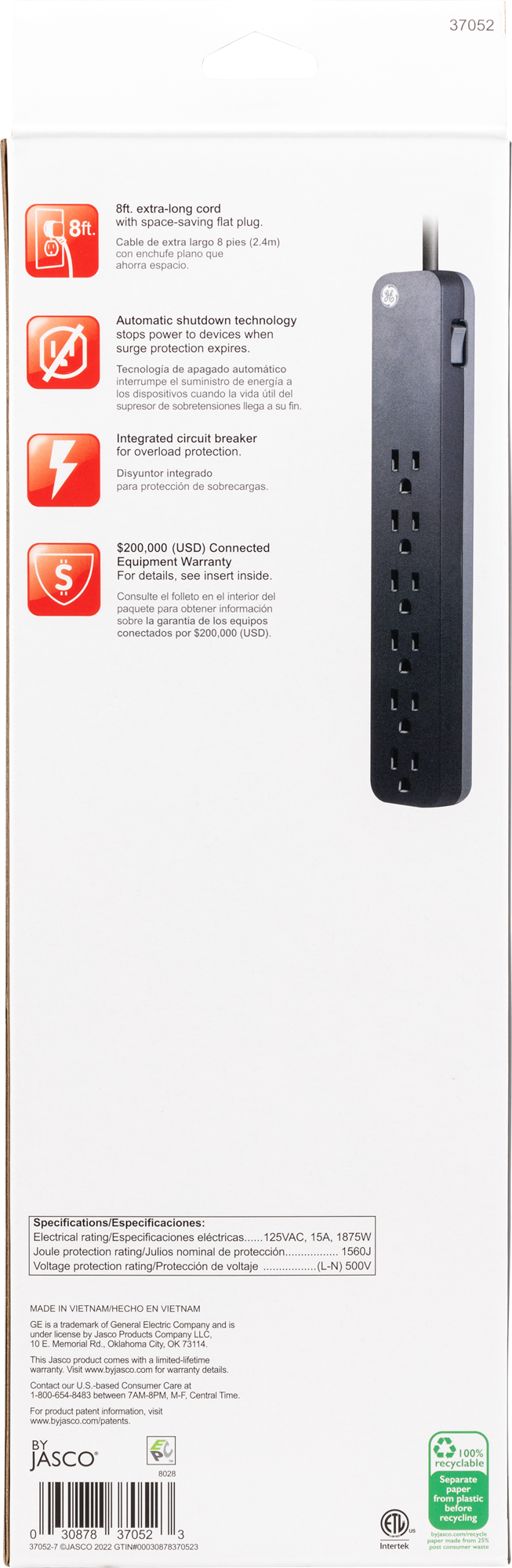 GE 6-Outlet Surge Protector Power Strip, 8 ft, Black photo 3