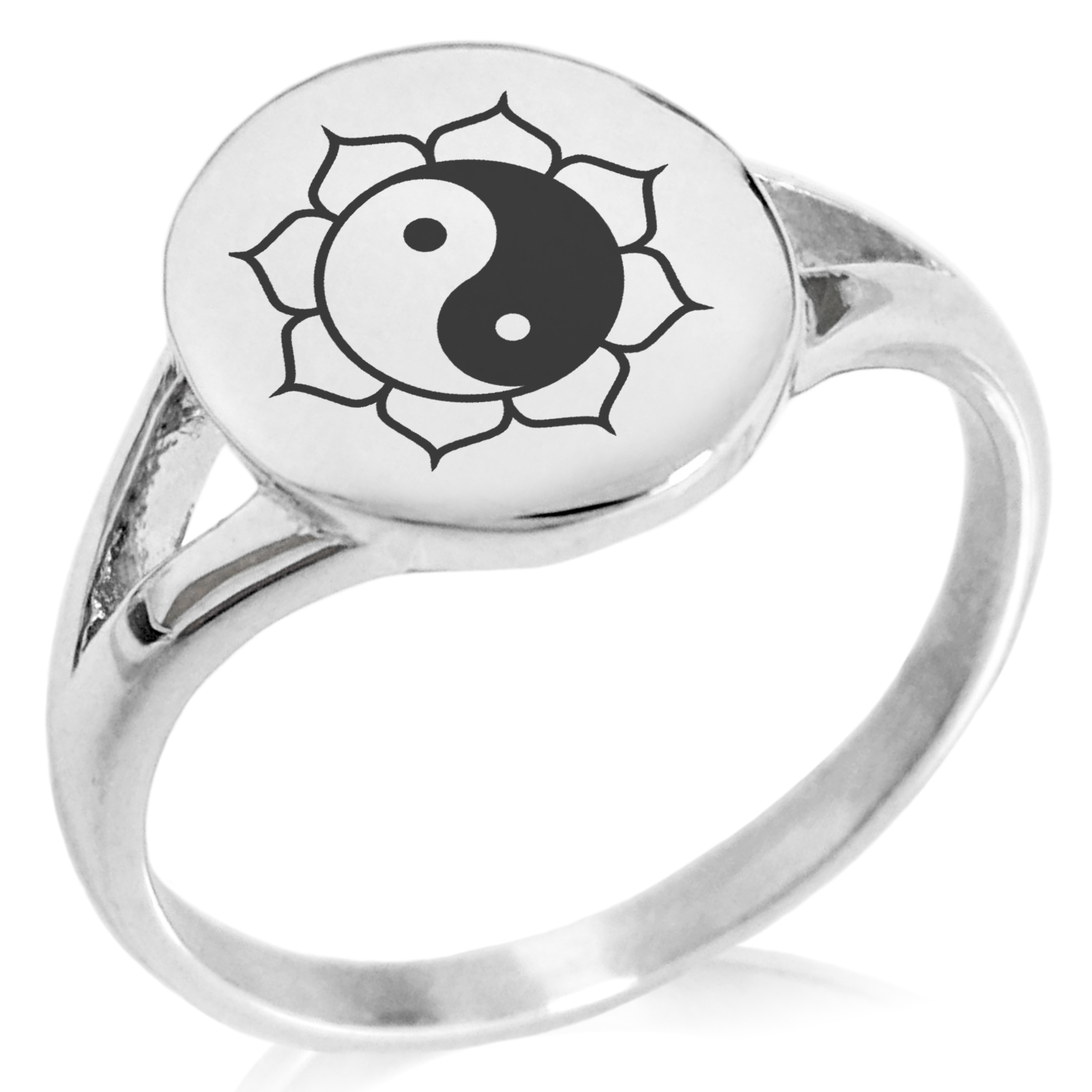 Stainless Steel Sacred Lotus Yin Yang Minimalist Oval Top Polished