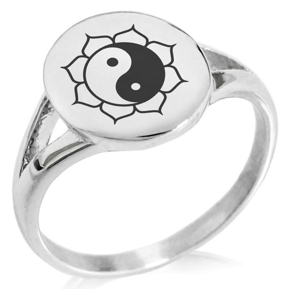 Stainless Steel Sacred Lotus Yin Yang Minimalist Oval Top Polished Statement Signet Ring