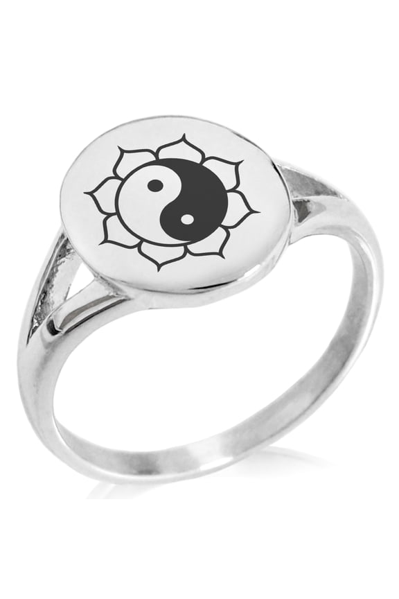 Stainless Steel Sacred Lotus Yin Yang Minimalist Oval Top Polished Statement Signet Ring