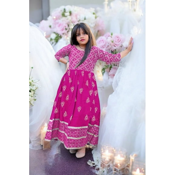 Traditional Foil Printed Gown Suit for Young Girls, Cultural Wear, 08