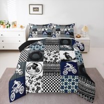 Manfei Teens Boys Motorcycle Motocross Full Size Comforter Sets 3-Piece,Extreme Sport Bedding Comforter Set,Geometric Plaid Lightweight Bedding Sets,Microfiber Bedroom Decor,Reversible