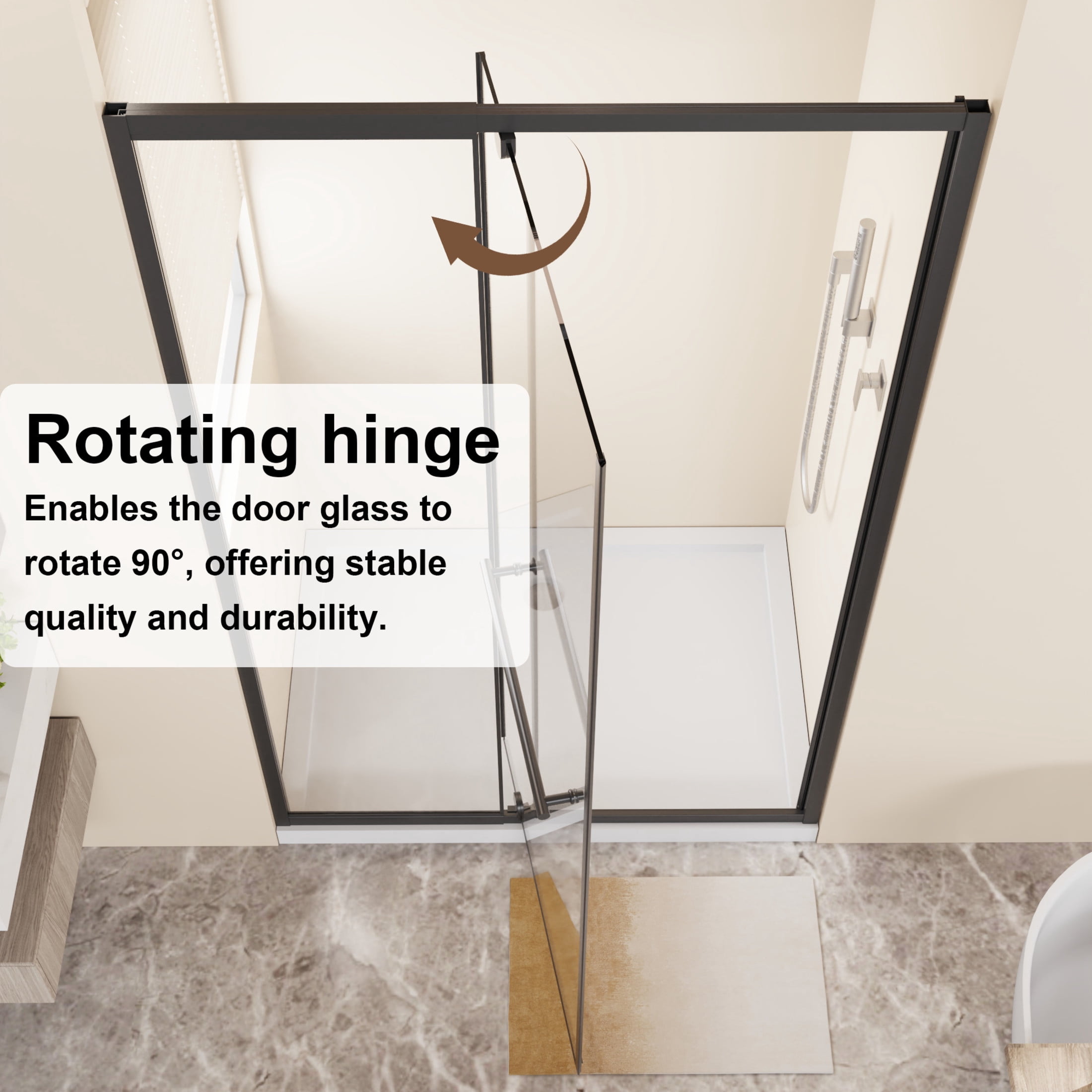 Noble House 48" x 72" Pivot Shower Door, Thick Clear Tempered Glass Swing Door with Stainless Steel Handle, Matt Black