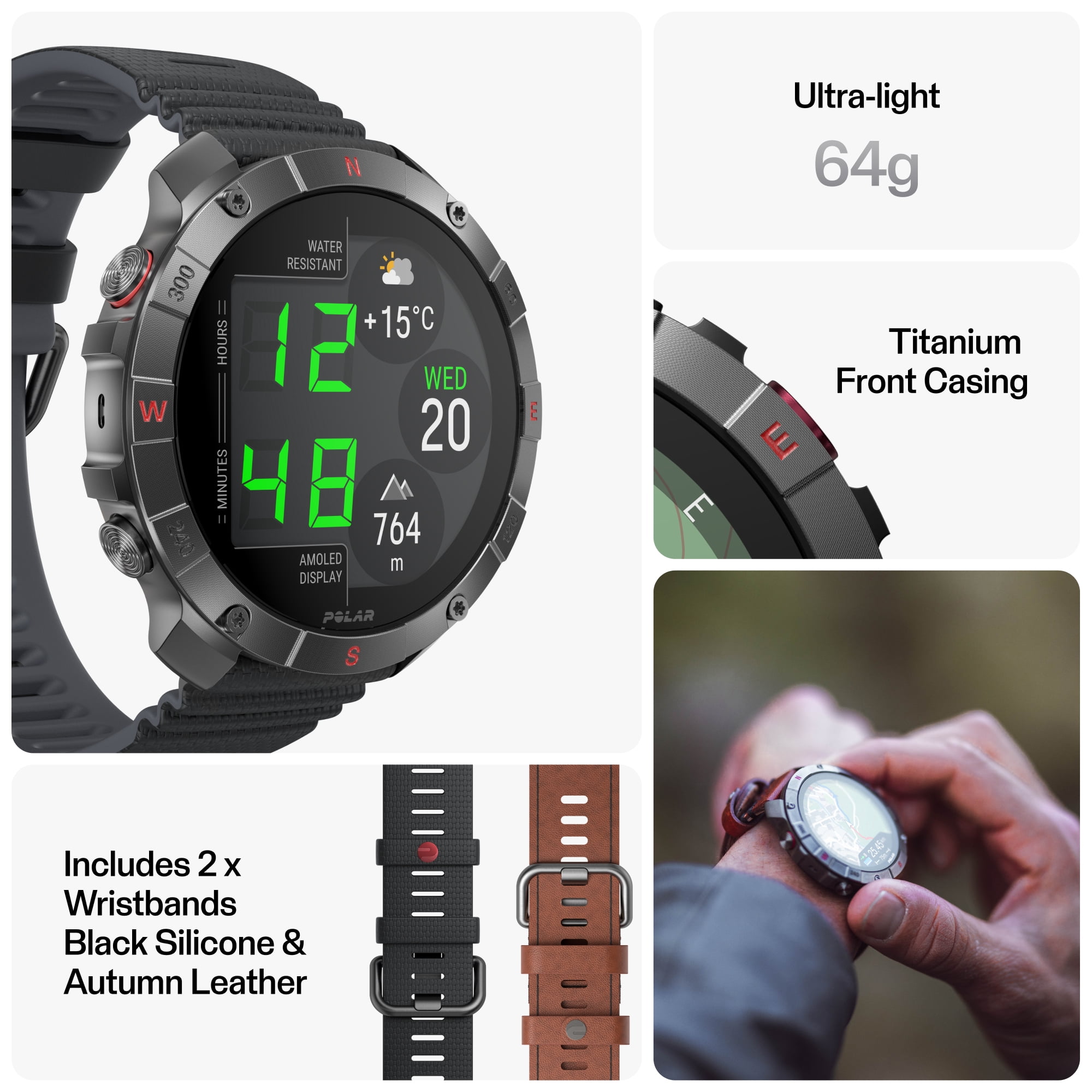 Polar Grit X2 Pro Titan Ultra Premium GPS Smart Sports Watch – Ultimate Outdoor Adventure Watch with Rugged Titanium Design, Advanced Navigation, with an additional leather wristband