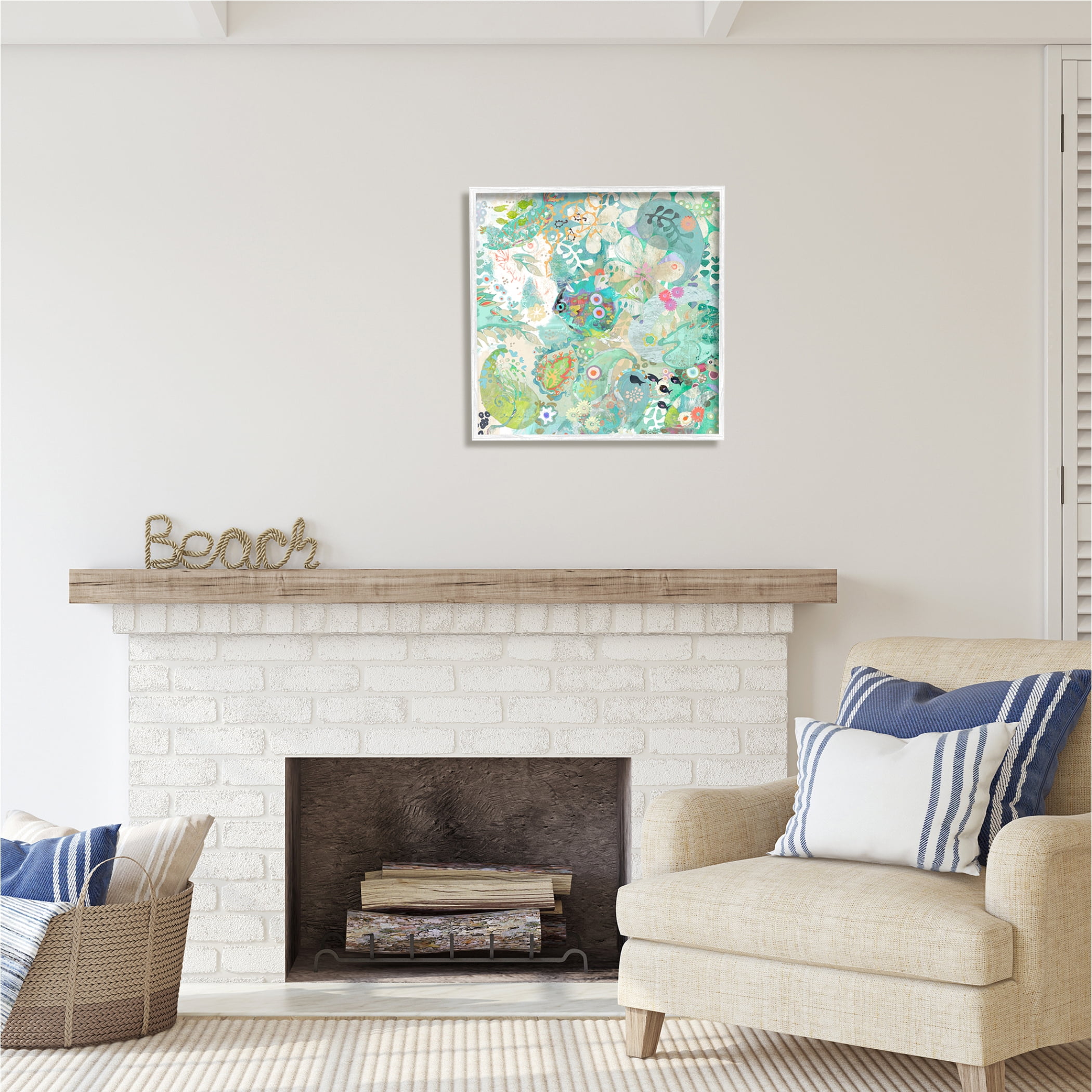 Stupell Industries Green Paisley Fish Pattern Botanical & Floral Painting White Framed Art Print Wall Art, 24 x 24