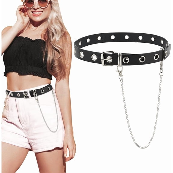 Grommet Leather Belt 39-3/8 inch Punk Gothic PU Leather Belts with Iron Detachable Chains Women Men Punk Rock Waist Belts for DIY